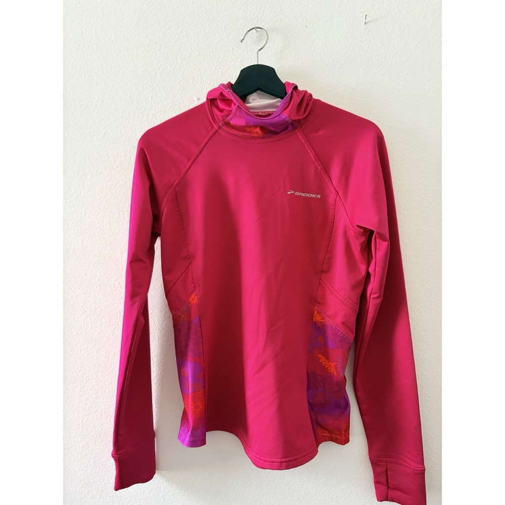 Brooks Women M Pink Floral Hoodie Pullover Long Sleeve Thumbholes Equilibrium